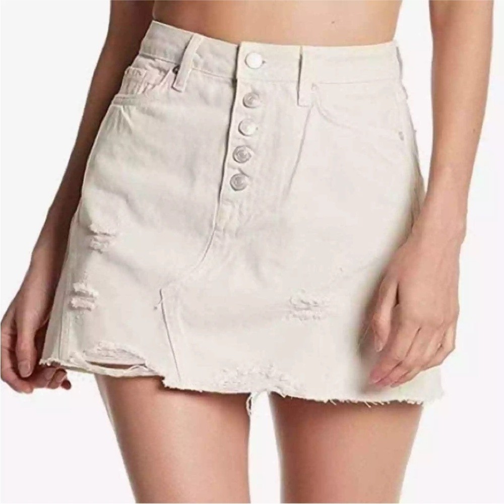 We the Free Distressed Denim Front Buttons Boho Mini Skirt Cream Off White 27